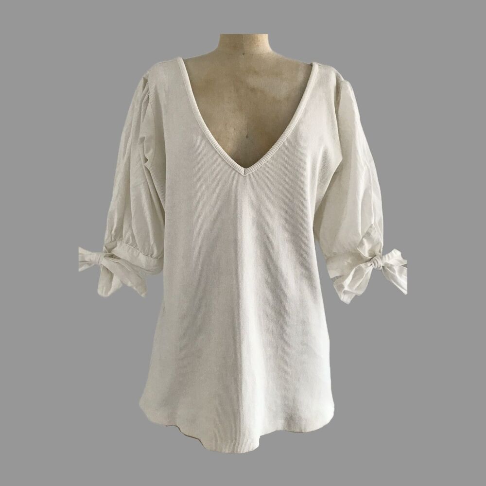Anthropologie Maeve Cream Neutral V Neck Ribbed Knit Puff Sleeve Neutral Top XL